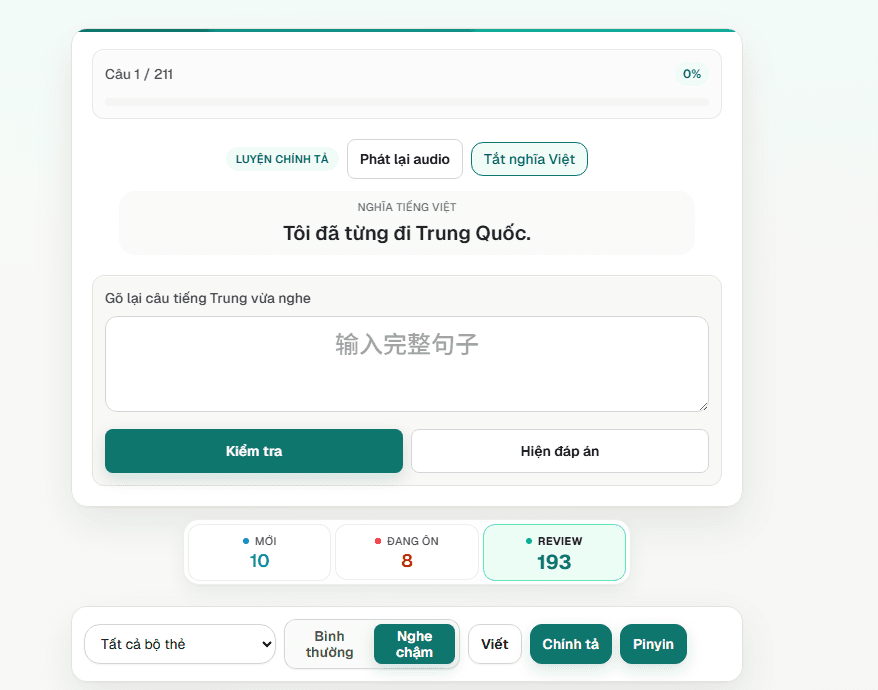 Chế độ luyện nghe chép chính tả tiếng Trung